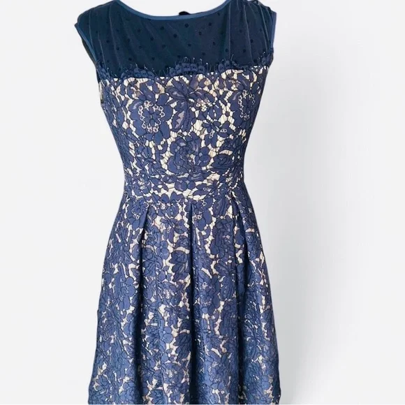 Eliza J Navy Lace Fit Flare Dress Size 2 Illusion Neck - Picture 2 of 7